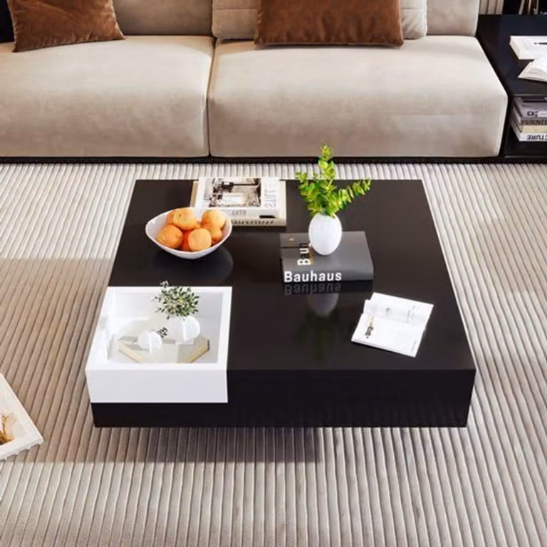 Tavolino da salotto - Nero lucido - Con contenitore portaoggetti e illuminazione LED - 72x72x30 cm