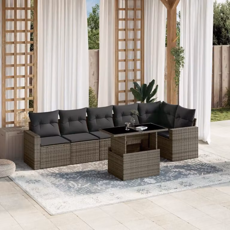 Set di divani da giardino vidaXL a forma di L composto da 7 pezzi in polyrattan grigio con cuscini e tavolino da esterno