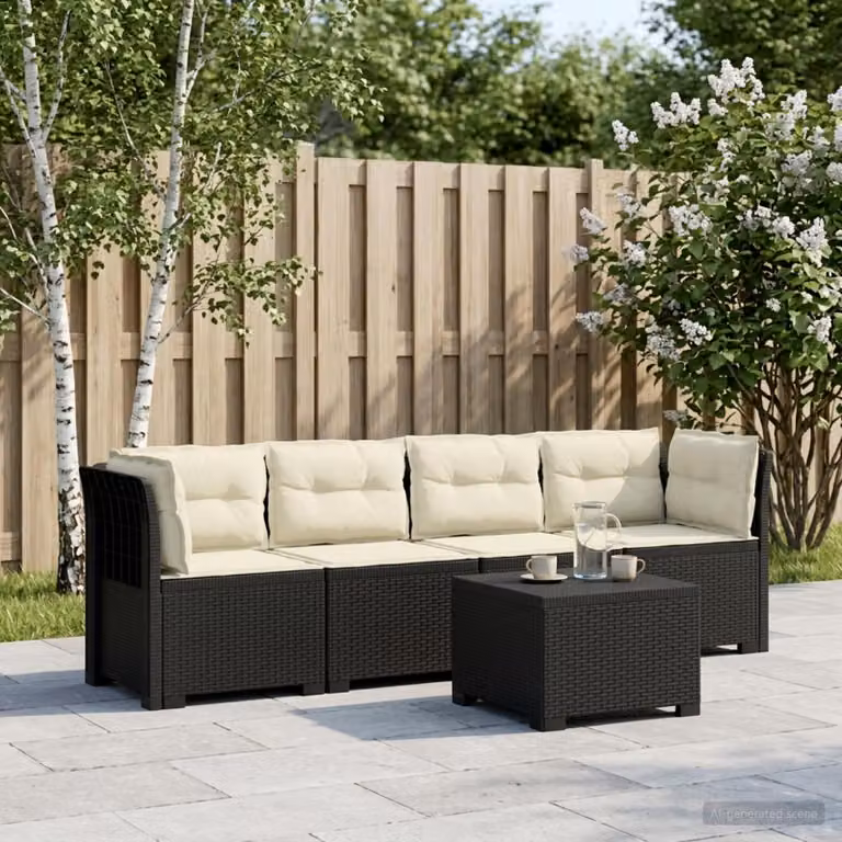 Set da giardino moderno vidaXL con divano angolare a 4 posti, tavolino da caffè e cuscini, in stile rattan con rivestimento antracite e beige