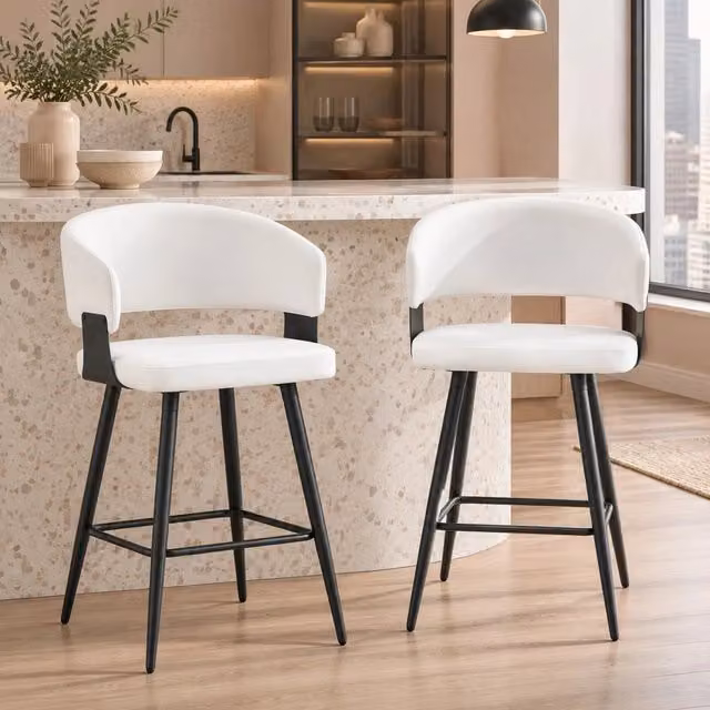 Set di 2 sgabelli da bar MIVRAY con schienale in similpelle bianca e struttura in metallo, Altezza: 94,5 cm