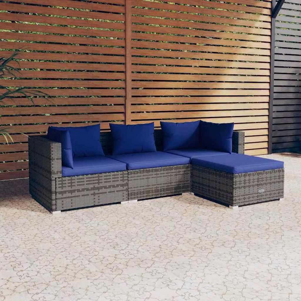 Set di divani da giardino vidaXL a forma di L composto da 4 pezzi con cuscini blu e struttura in rattan grigio e metallo