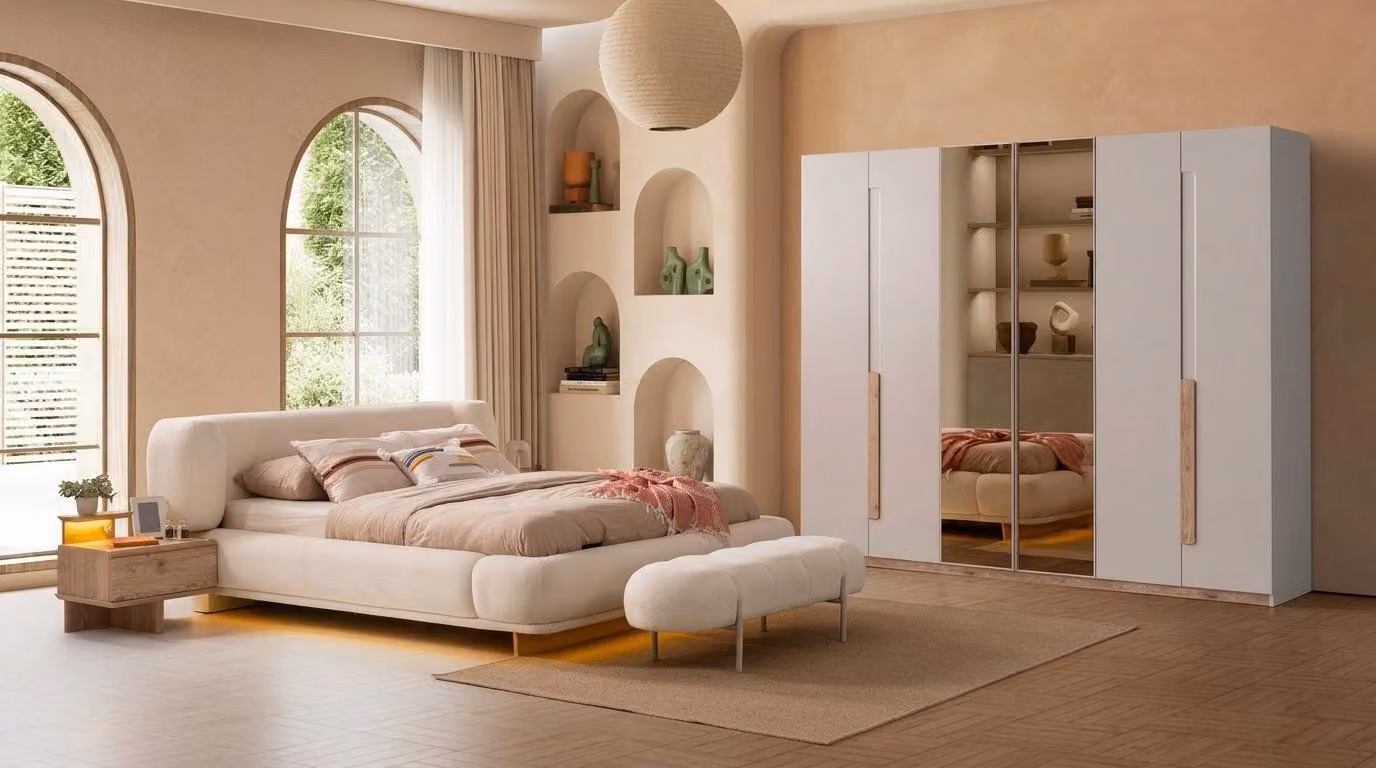 Tavolino da notte (2 pezzi), panca, armadio guardaroba, stile moderno, colore beige, confortevole