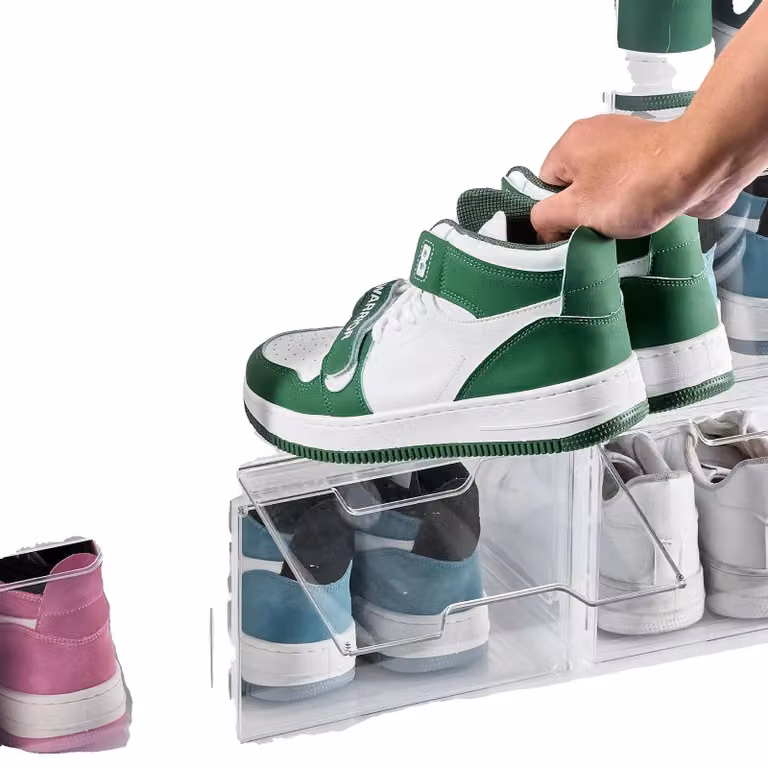 Contenitore impilabile in plastica per scarpe, dimensioni 32 x 24 x 15 cm, adatto per scarpe di taglia americana fino al 13, design multistrato, facile da assemblare, realizzato in plastica resistente
