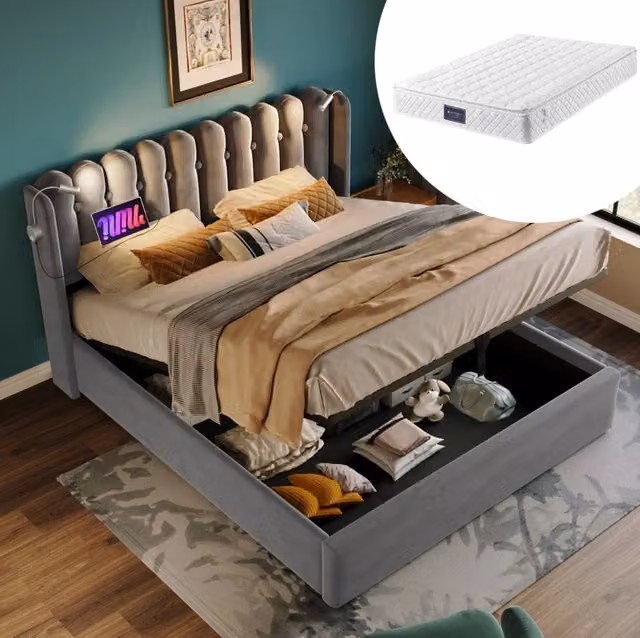 Letto contenitore 140x200 cm grigio in velluto, contenitore con luce USB, senza materasso