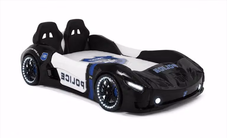 Letto per bambini Autobett, design auto da corsa, colori nero e bianco, con luci LED