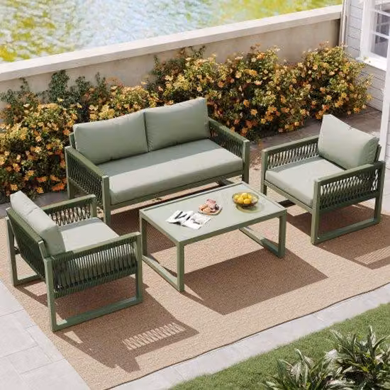 Set di mobili da giardino in filo metallico, sedia da giardino in filo metallico verde con cuscini, piedini regolabili, tavolo in vetro, set da 4 pezzi, cuscini inclusi