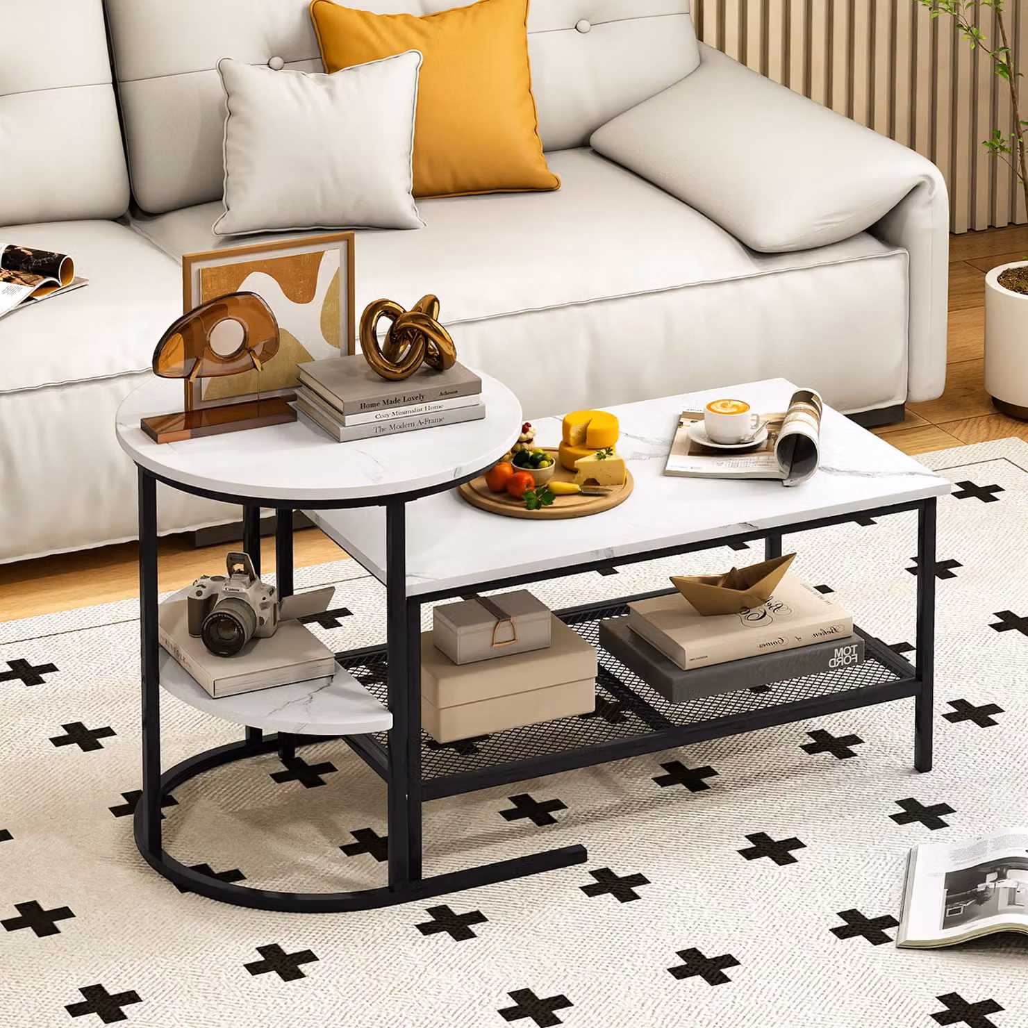 Set di tavolini da caffè componibili 2 in 1 Costway con piano in marmo sintetico e scaffale, design moderno rotondo e rettangolare, Bianco