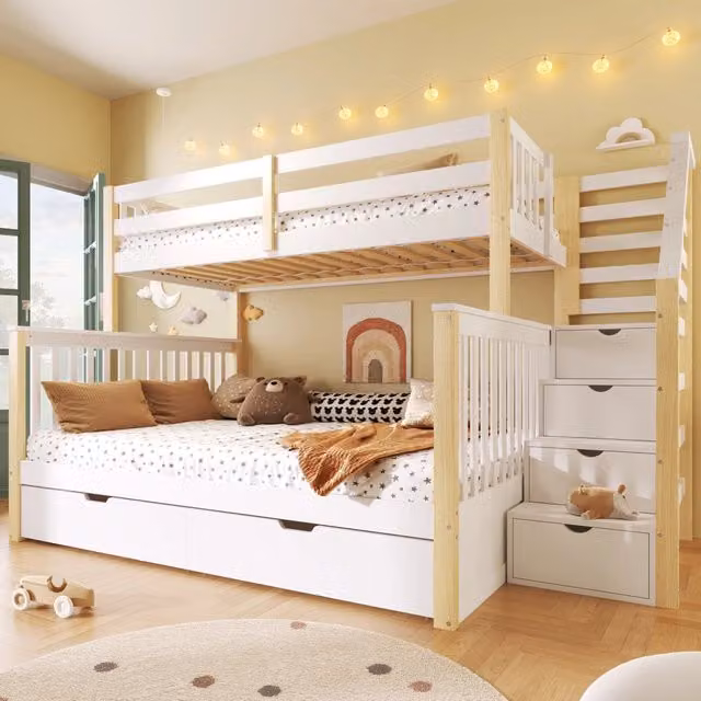 Letto a castello 140x200 cm con cassetti e scala in pino bianco naturale