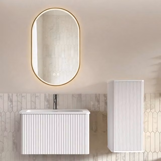 Set mobili da bagno con lavabo e specchio LED ¨C Minimal ¨C Bianco, cornice dorata, 80cm, sospeso