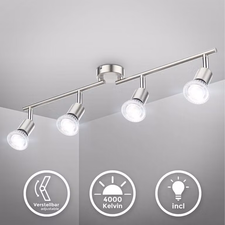 B.K.Licht Faretti LED da soffitto orientabili, include 4 lampadine GU10 da 5W 400Lm, luce bianca neutra 4000K, plafoniera moderna in metallo, lampada da soffitto color nichel opaco