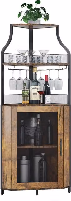 Mobile Bar Angolare Portabottiglie Vintage in Metallo e MDF, 154cm