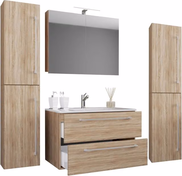 Set bagno EZOOZA 5 pezzi in Rovere con mobile sospeso a 2 cassetti, lavabo XL in ceramica, 2 colonne e mobile specchio con illuminazione LED