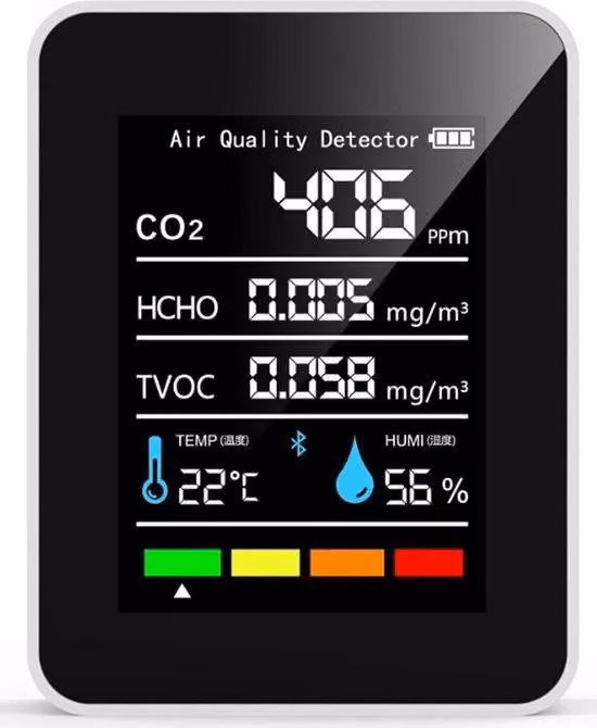 Dispositivo per il monitoraggio della qualità dell'aria - Misuratore multifunzione - Tecnologia di analisi dell'anidride carbonica - Intervallo di misurazione fino a 5.000 ppm - Omologato per l'uso su veicoli - Bianco/Nero - Monitor di CO₂ compatibile con