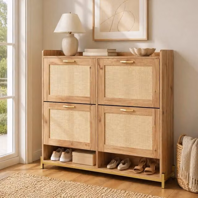 Scarpiera salvaspazio MODFU in MDF e metallo con scomparti inclinabili, colore marrone, L: 108,5 cm, P: 24 cm, H: 100 cm