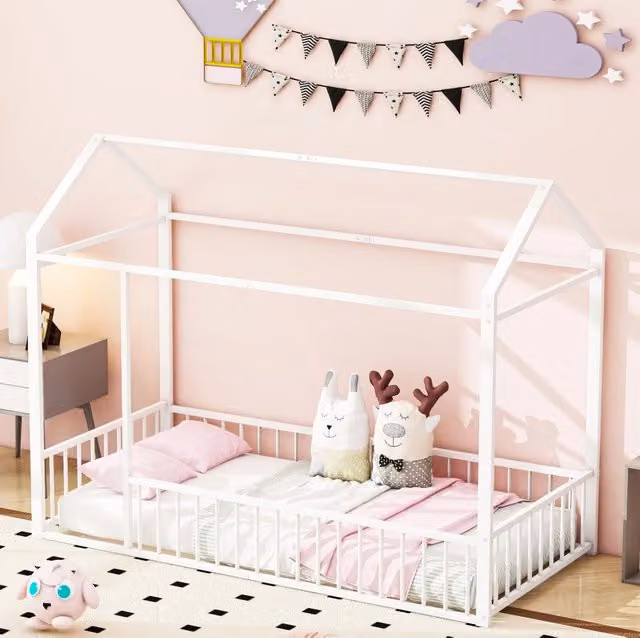 Letto a castello in metallo 90x200 cm con angoli arrotondati, piedi rialzati e sponde di sicurezza, bianco