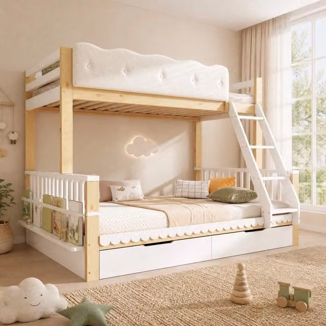 Letto a castello 90 × 200 cm e 140 × 200 cm con 2 cassetti, portariviste, senza materasso, bianco e rovere