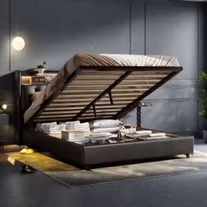 UnboxG Letto a molle idrauliche 160x200cm, letto imbottito con contenitore e Led, USB e Type-C, letto matrimoniale con rete a doghe, letto contenitore per giovani, PU, nero