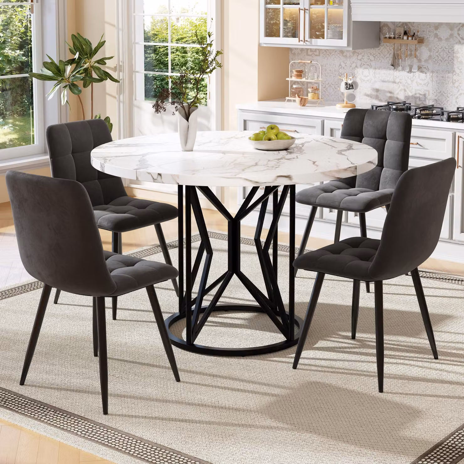 Set tavolo da pranzo Sweiko (5 pezzi), set tavolo da pranzo con 4 sedie, set tavolo da cucina, tavolo da pranzo rotondo con diametro di 100 cm, piano tavolo in MDF bianco, sedia da pranzo in velluto grigio