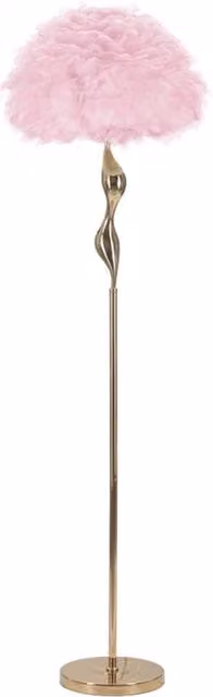 Lampada da terra Slim in stile boho con piume rosa e stelo oro, Altezza: 165 cm