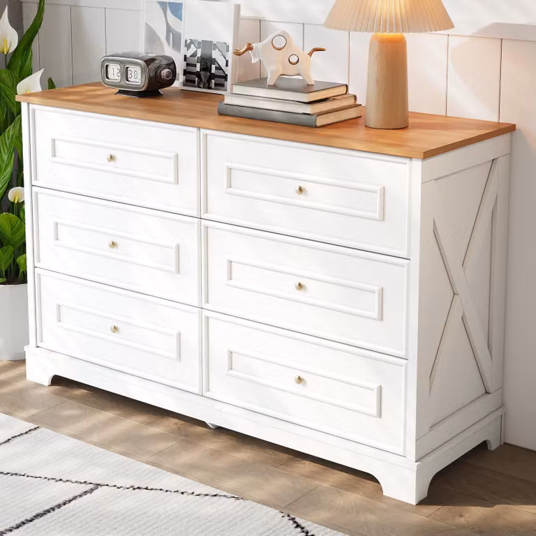 Credenza moderna Merax con 6 cassetti, cassettiera in stile country, mobile contenitore adatto a soggiorno, sala da pranzo o corridoio, bianco + legno naturale