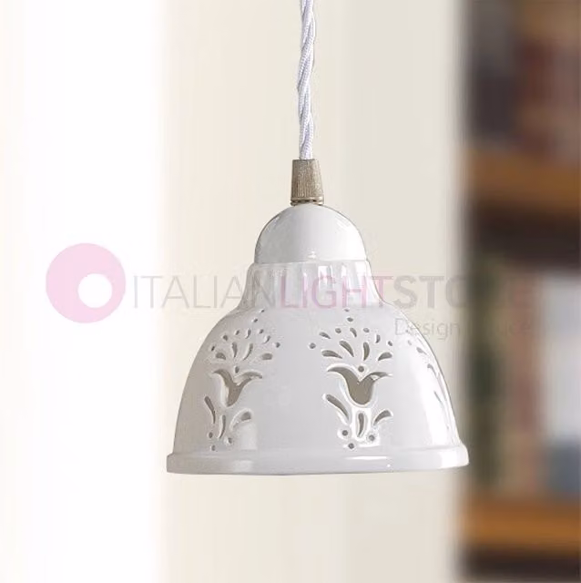 Lampada a sospensione MASSERIA di Ceramiche Borso in ceramica bianca e ottone, stile rustico country, diametro 13 cm