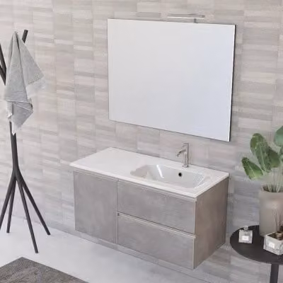 Mobile bagno sospeso Inbagno Master grigio cemento con lavabo a destra, cassetti, anta e specchio con illuminazione LED, Larghezza: 100 cm