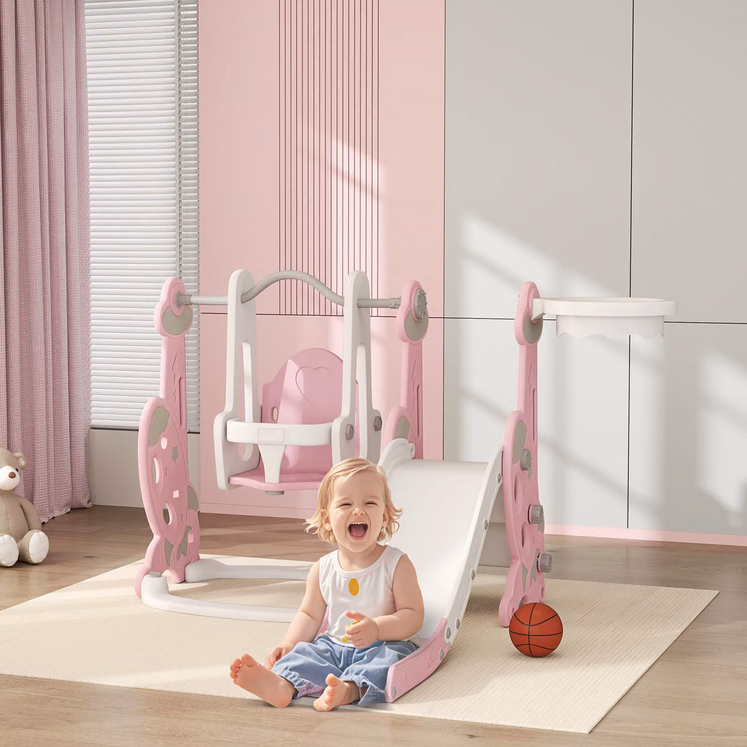 AIYAPLAY Scivolo 4 in 1 con Altalena, Scaletta da Arrampicata e Cestino da Basket per Bambini 18-48 Mesi, Rosa – 2