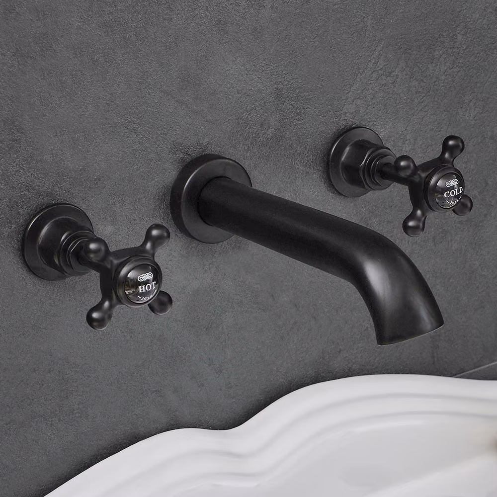 Rubinetto Lavabo Parete 3 Fori Con Maniglie A Croce Nero - Elizabeth