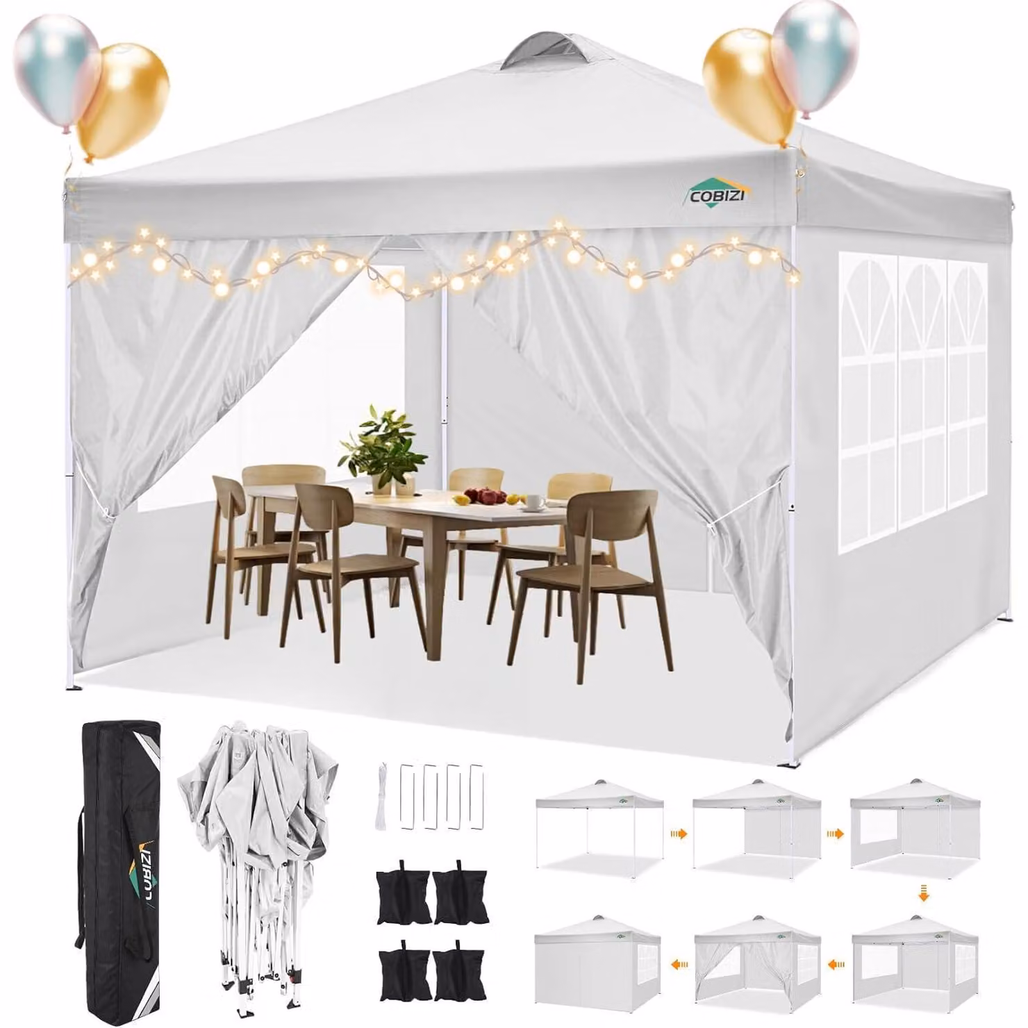 Gazebo da esterno 3x3 metri, impermeabile, con protezione UV 50+ e dotato di 4 pannelli laterali, colore bianco