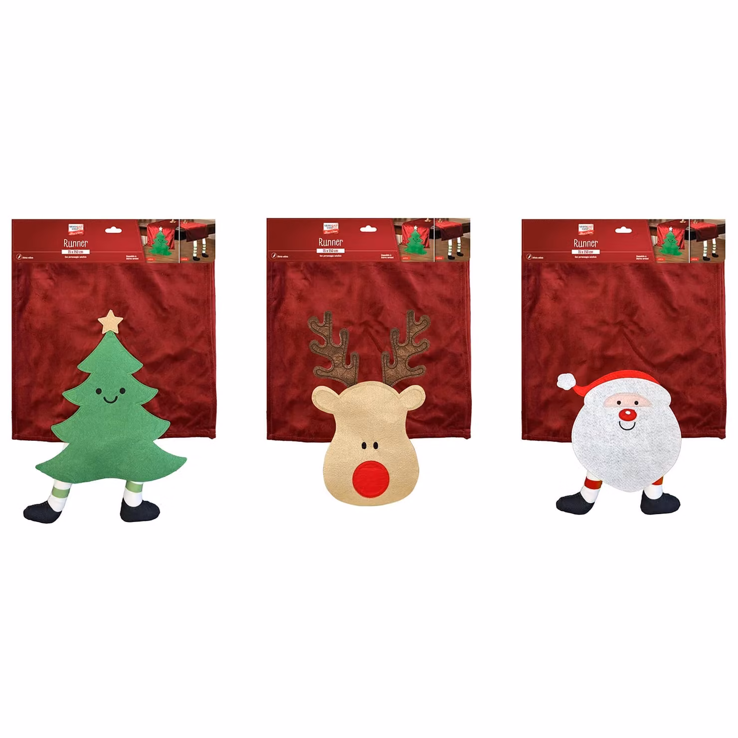 Vestiamo Casa Runner da Tavola Natalizio in Velluto Rosso con Personaggio Assortito L: 250 cm, P: 35 cm – 1