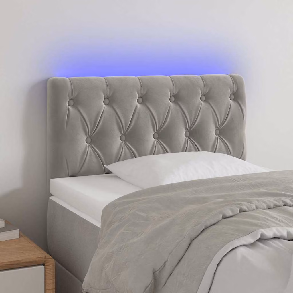 Testiera per letto vidaXL in velluto grigio chiaro con illuminazione LED e porta USB, L: 80 cm, P: 7 cm, H: 78-88 cm