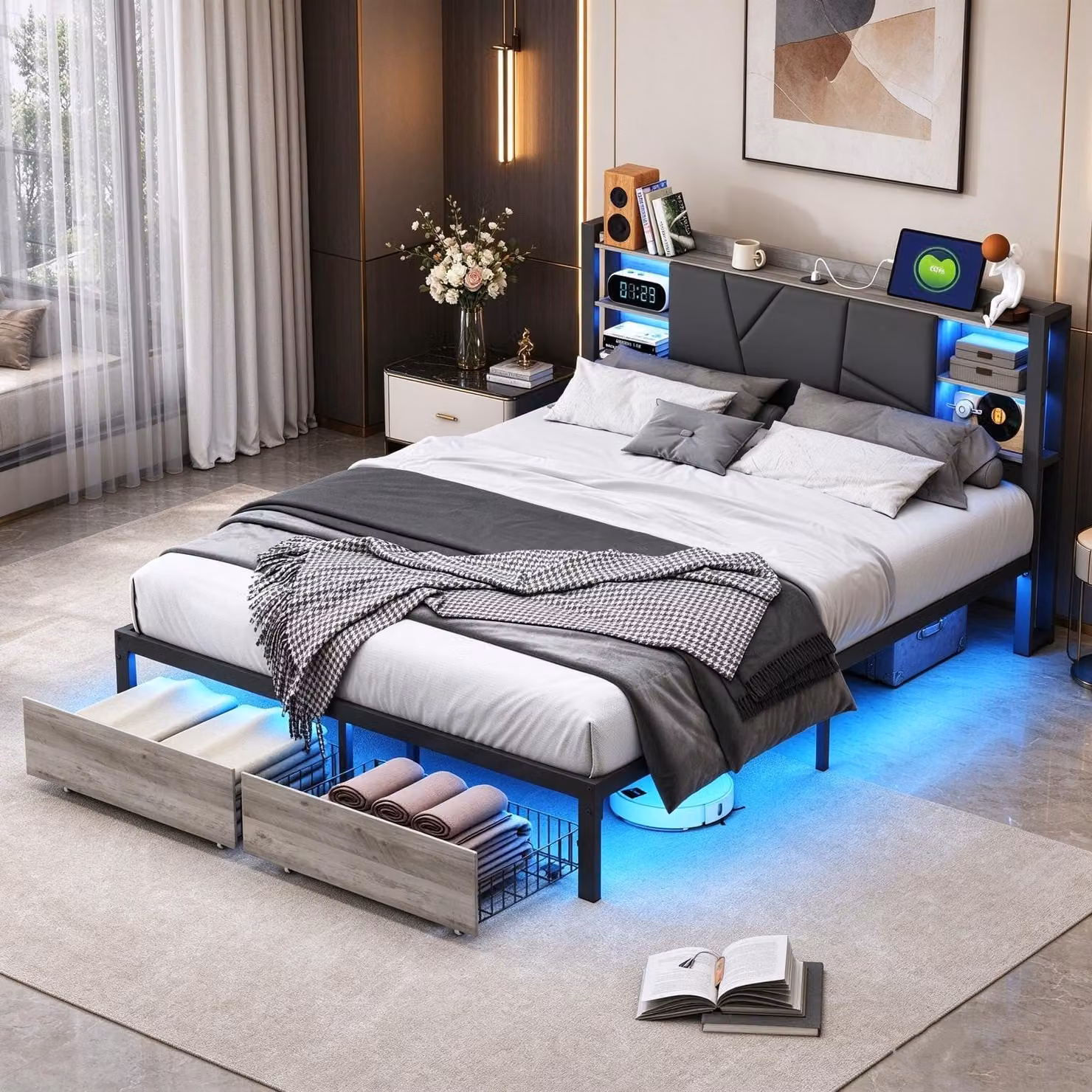 Letto matrimoniale INONEFT 160x200 cm con rete a doghe, struttura letto in metallo con illuminazione LED e porta USB, letto per ragazzi con testiera imbottita, colore nero