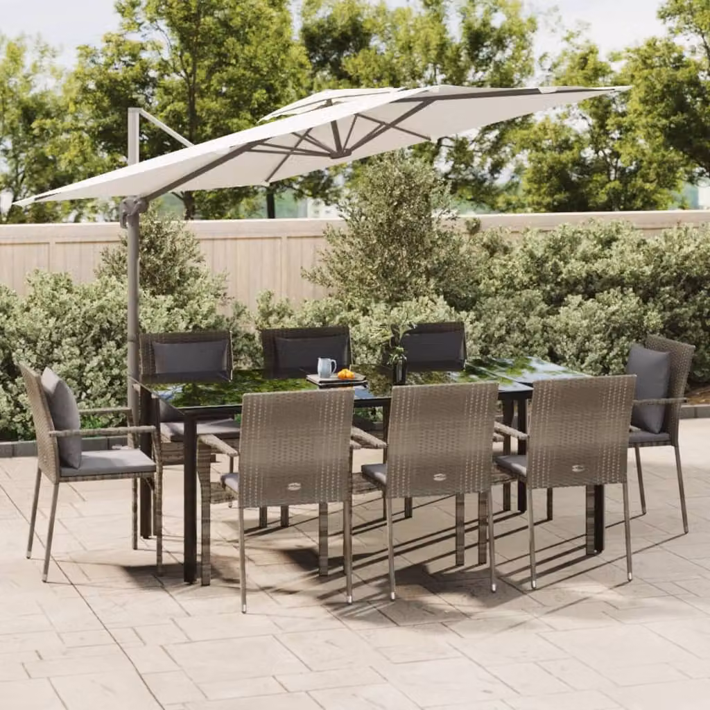 Set da pranzo da giardino vidaXL in polyrattan con cuscini, 9 pezzi, nero e grigio