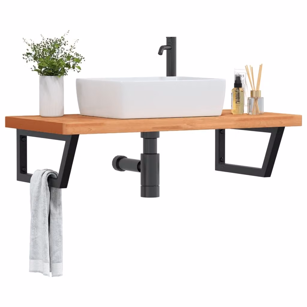 vidaXL Ripiano a Parete per Lavabo Moderno in Acciaio e Faggio Massello, Nero e Marrone