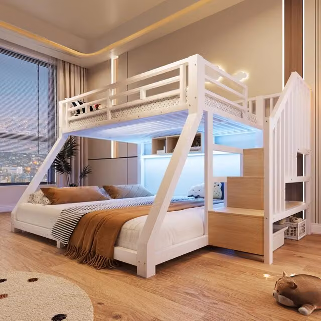 Letto a castello in metallo 90x200/140x200 cm con scala contenitore; 3 vani; LED e certificazione EN747; bianco