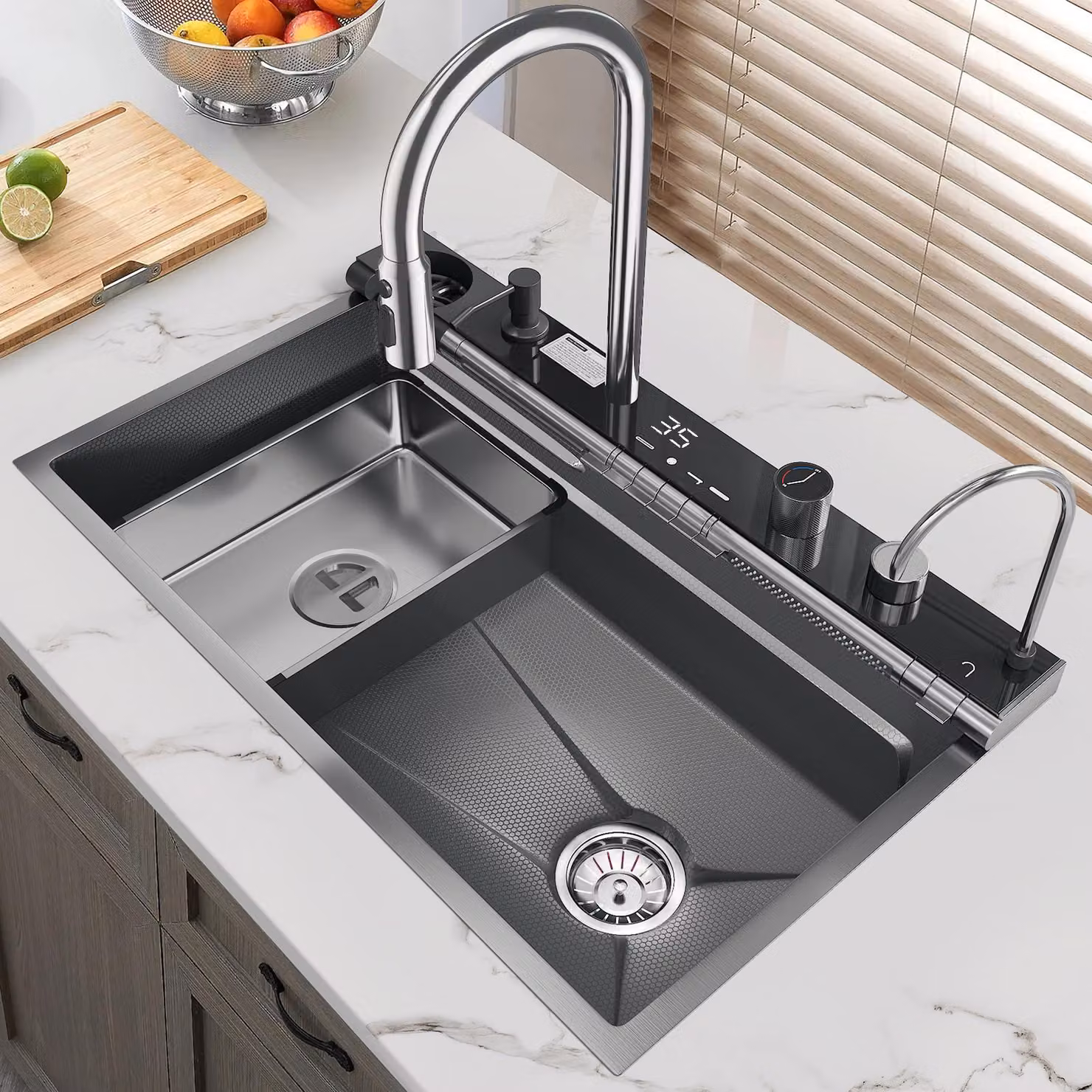 Lavello da cucina in acciaio inossidabile 304, dimensioni 75x45 cm, con un'ampia vasca singola e un set di rubinetti integrato con display digitale