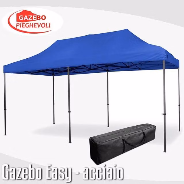 Gazebo 3x6 m blu pieghevole portatile estendibile richiudibile estensibile acciaio SENZA laterali per fiere eventi stand chiosco tenda tendone mercato mercatino