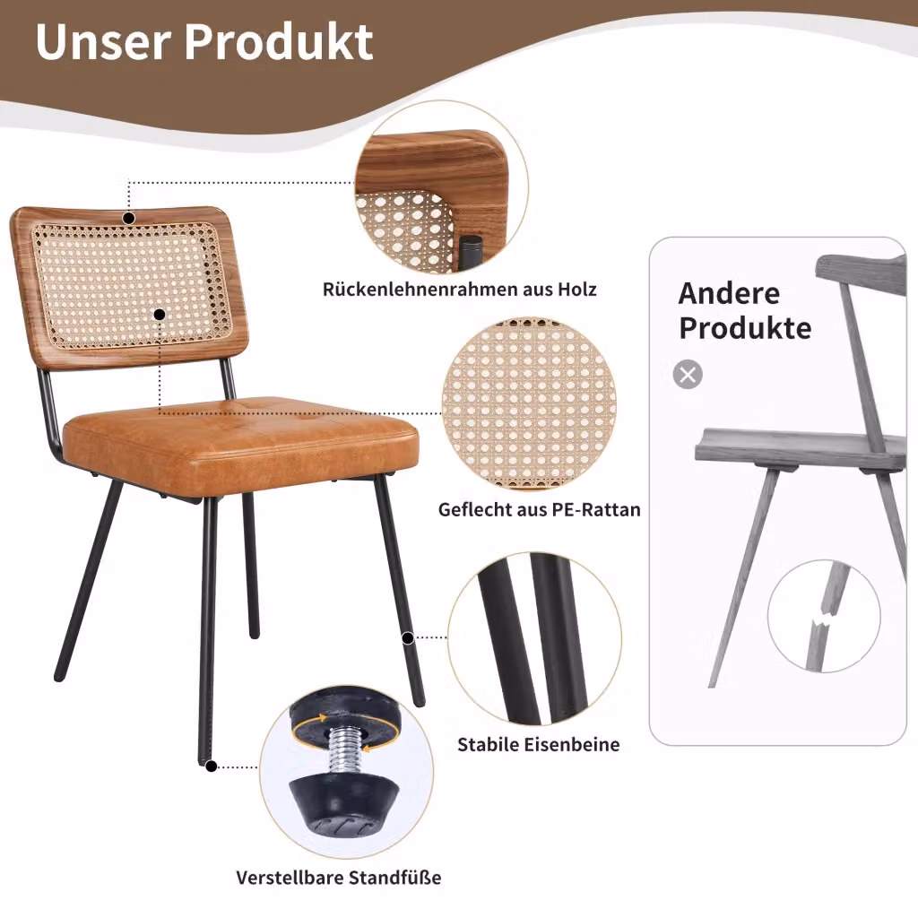 Sedia da pranzo REDOM in ecopelle e metallo marrone con dettagli in rattan in stile retro L: 61 cm, P: 46 cm, H: 79 cm – 2