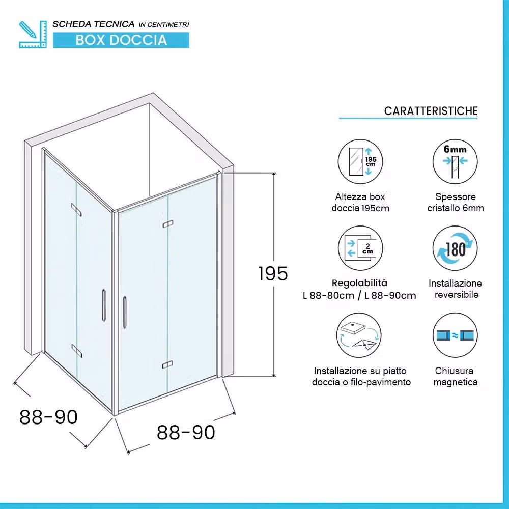Box doccia angolare Neos in vetro temperato trasparente con doppio soffietto e profili cromo L/P/H: 90 x 90 x 195 cm – 2