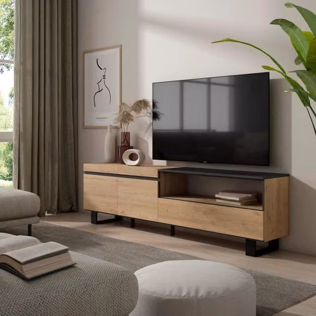 Mobile TV, 200x35x57cm, soggiorno, Per TV fino a 80", Design industriale, colore Rovere e nero RF2155