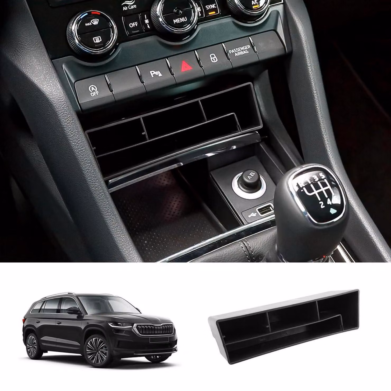 Contenitore portaoggetti per console centrale, compatibile con Skoda Karoq e Kodiaq dal 2017 al 2023, realizzato in plastica ABS con inserto in gomma