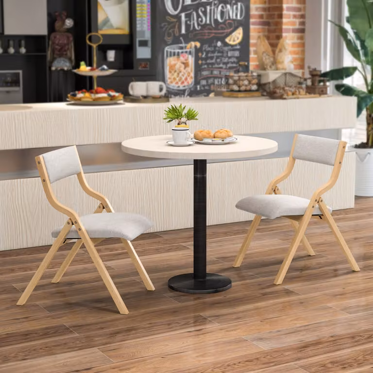 Set di 2 sedie da pranzo pieghevoli Costway in legno massello e tessuto di lino beige e marrone per cucina e sala da pranzo