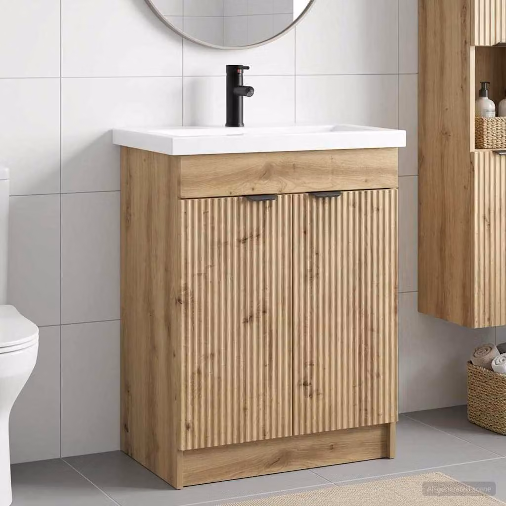 Set di mobili per il bagno moderno vidaXL in legno e metallo, colore marrone e nero, L: 56 cm, P: 37,5 cm, H: 81 cm