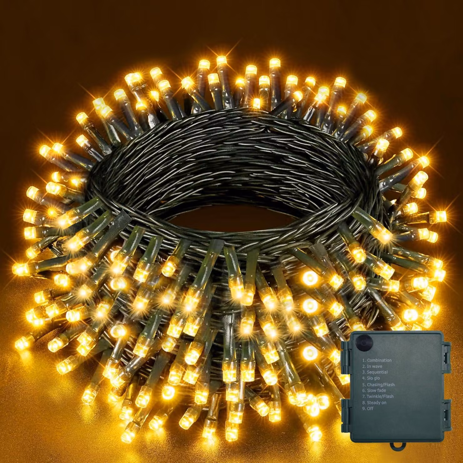 Catena luminosa a LED, 20 metri, 200 LED bianco caldo, timer, 8 modalità, grado di protezione IP65