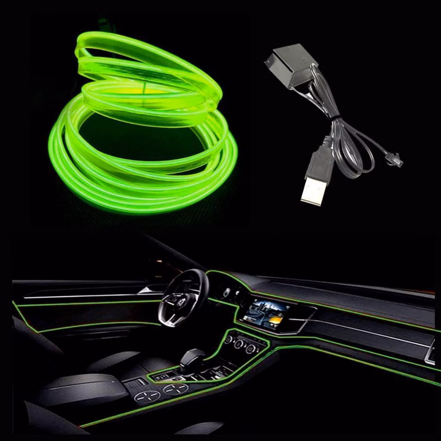 EL-Draht, 5 metri, verde fluorescente, USB 5V, tubo al neon flessibile per auto e decorazioni
