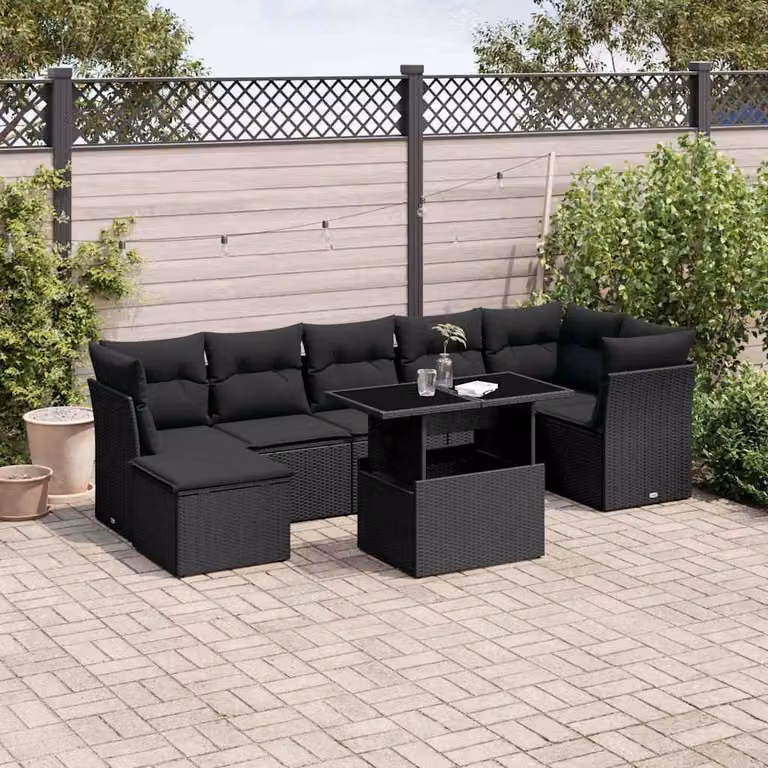 vidaXL Set Divani da Giardino a L in Polyrattan Nero con 8 Cuscini e Tavolino