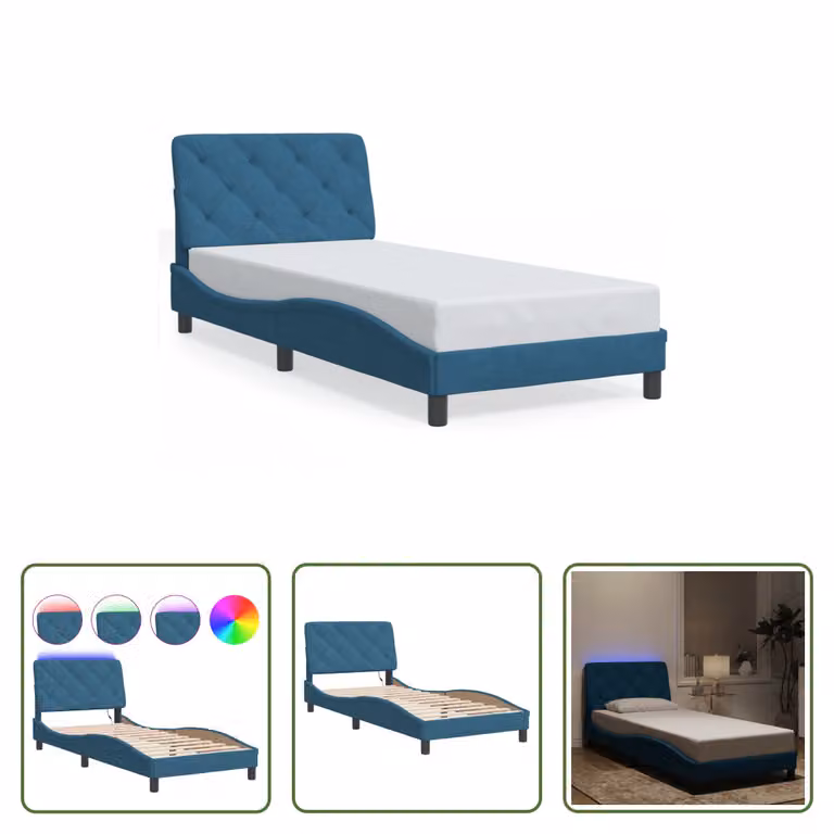 The Living Store Struttura letto con luci LED Blu 90x190 cm Velluto