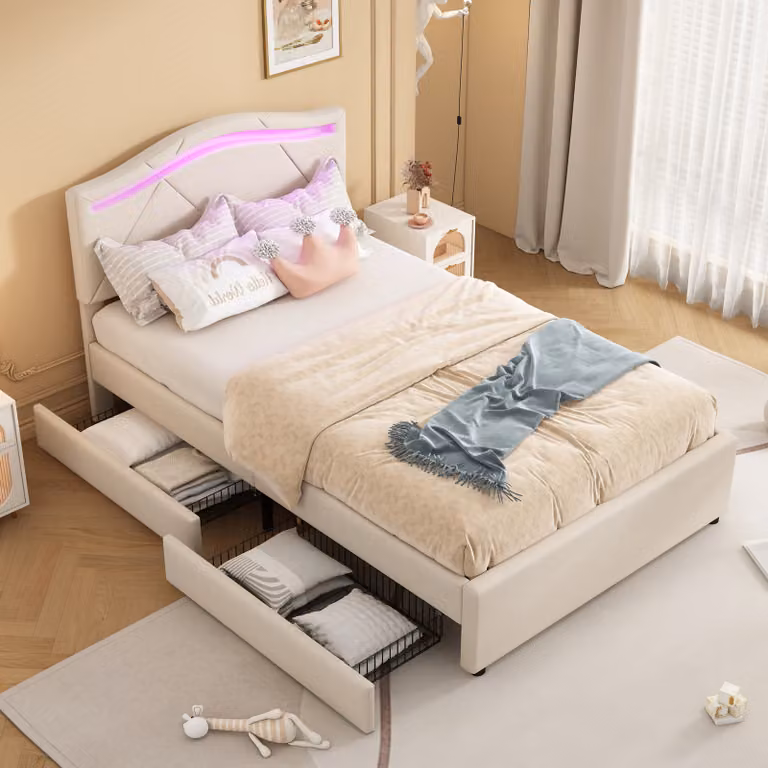 Letto imbottito Flieks 90x200cm con 2 cassetti, letto per ragazzi letto per bambini con LED, letto contenitore letto matrimoniale con rete a doghe, letto in legno letto classico, biancheria
