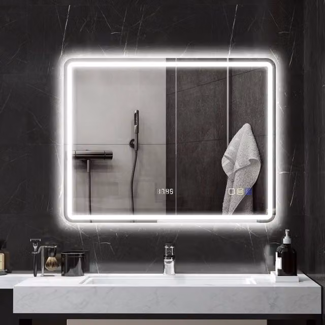 Specchio LED REDOM Silver con Bluetooth, orologio e funzione antiappannamento, L: 70 cm, H: 90 cm