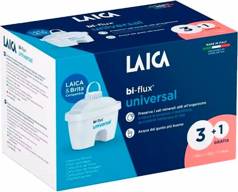 LAICA Bi-Flux - cartucce filtranti per acqua, 4 pezzi, adatte alle caraffe Brita, trattengono gli ioni dello stomaco, il calcio e altri minerali, riducono il cloro, il calcare e i metalli pesanti, prodotte e sterilizzate.